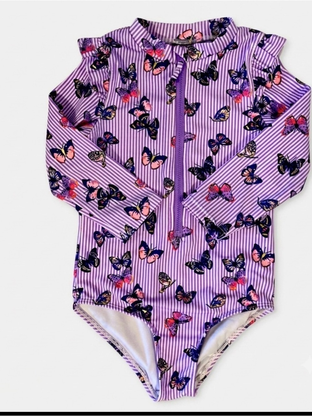 Kensie Girl Purple Butterfly Stripe Long-Sleeve Rashguard One-Piece